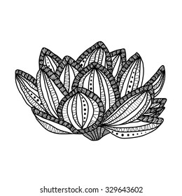 Lotus. Hand drawn magic flower - anti stress Coloring Page for adult with high details isolated on white background, illustration in zentangle style. Vector monochrome sketch.