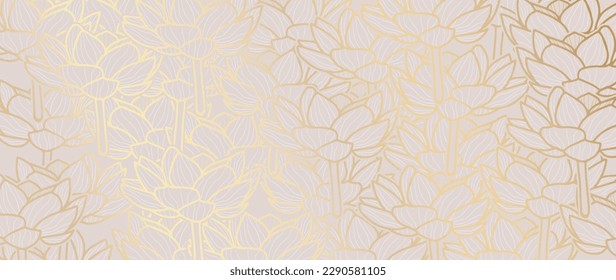 Lotus hand draws Wallpaper, Luxury nature leaves pattern design, Golden flower line arts, print, cover, Vector illustration.