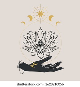 Lotus in hand. Vector hand drawn illustration