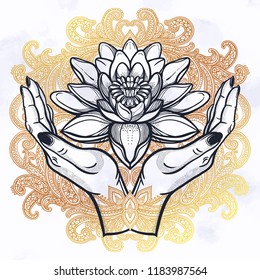 Lotus in hands .