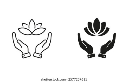 Lotus and Hands, Meditation Pictogram. Human Hands Holding Flower Line and Silhouette Icon Set. Yoga and SPA Symbol. Beauty Medical Clinic Sign. Editable Stroke. Isolated Vector Illustration.