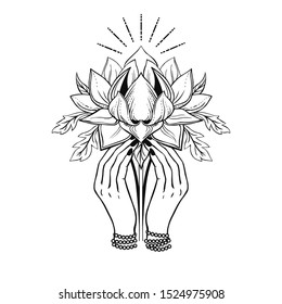 Lotus in hands. Vector hand drawn illustration on white background