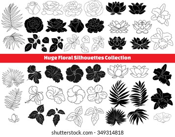 lotus, hibiscus, rose, orchid, palm, leaf isolated silhouettes collection