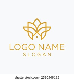 Lotus House Logo Design, Golden Linear Home Flower Icon