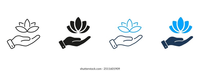 Lotus and Human Hand Line and Silhouette Icon Set. Meditation Pictogram. Yoga and SPA Symbol. Medical Beauty Clinic Sign. Hand Holding Flower. Editable Stroke. Isolated Vector Illustration.