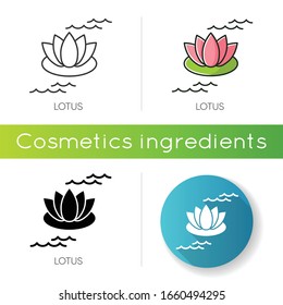 Lotus icon. Blooming lily flower. Yoga sign. Meditation and zen. Massage treatment. Floral petals. Cosmetic ingredient to heal acne. Linear black and RGB color styles. Isolated vector illustrations