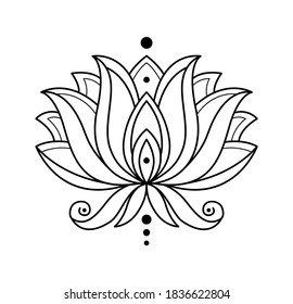 Lotus icon. Monochrome blooming flower. Hand drawn lotos flower illustration isolated on white background. Black linear petals of plant in coloring style