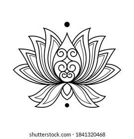 Lotus icon. Monochrome blooming flower. Hand drawn lotos flower illustration isolated on white background. Black linear petals of plant in coloring style