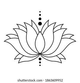 Lotus icon. Monochrome blooming flower. Black linear petals of plant on white background. Blossom, aquatic plant vector element for web. Coloring style