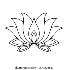 Lotus icon. Monochrome blooming flower. Hand drawn lotos flower illustration isolated on white background. Black linear petals of plant in coloring style