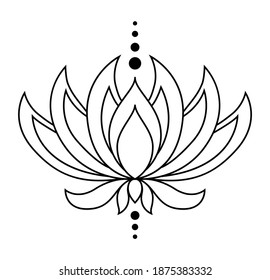 Lotus icon. Monochrome blooming flower. Black linear petals of plant on white background. Blossom, aquatic plant vector element for web. Coloring style