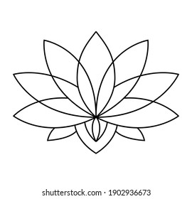 Lotus icon. Monochrome blooming flower. Hand drawn lotos flower illustration isolated on white background. Black linear petals of plant in coloring style