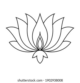 Lotus icon. Monochrome blooming flower. Black linear petals of plant on white background. Blossom, aquatic plant vector element for web. Coloring style