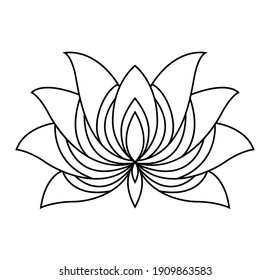 Lotus icon. Monochrome blooming flower. Hand drawn lotos flower illustration isolated on white background. Black linear petals of plant in coloring style