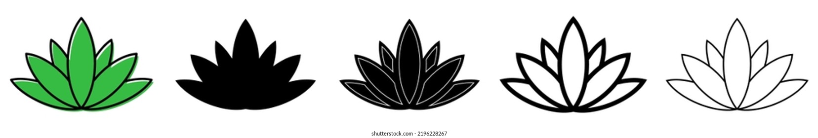 Lotus-Symbol. Set von verschiedenen Symbolen des Lotus. Blumensilhouette. Vektorgrafik. Schwarzes Zeichen