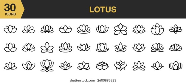 Lotus icon set. Includes lotus, nature, flower, floral, leaf, blossom, and More. Outline icons vector collection.