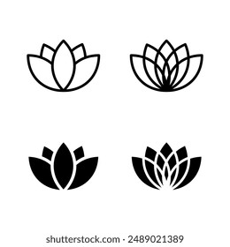 Lotus icon set. Lotos flower vector illustration. Spa relax symbol. Yoga logo. Meditation sign. Harmony abstract concept. Asian style lily pictogram. Beauty salon logotype isolated.