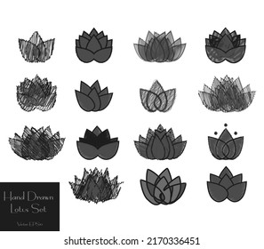 Juego de vectores dibujado a mano con iconos de Lotus.  Colección de flores de estilo infantil. Símbolos de Lotus aislados en blanco.  Dibujar signos florales, logotipo, diseño de elementos emblemáticos. Flores pintadas de carbón vegetal