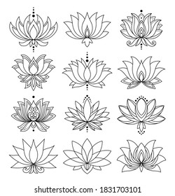 Lotus icons set. Blooming flowers. Monochrome blooming plants, various petals black and white symbols. Blossom, aquatic plant vector elements for web. Coloring style