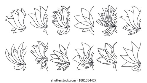 Lotus icons set. Blooming flowers. Monochrome blooming plants, various petals black and white symbols. Blossom, aquatic plant vector elements for web. Coloring style