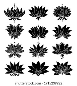 lotus icons set. Blooming flowers. Monochrome blooming plants, various petals black symbols. Blossom, aquatic plant vector elements for web