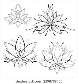 Lotus icons set. Blooming flowers. Monochrome blooming plants, various petals black and white symbols. Blossom, aquatic plant vector elements for web. Coloring style