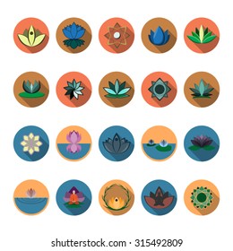 Lotus icons set in flat design with long shadow. Illustration EPS10