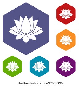 Lotus icons set hexagon isolated vector illustration