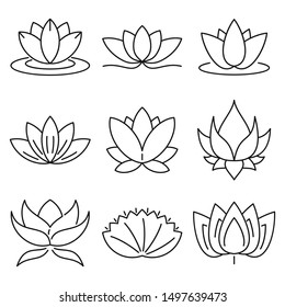 Lotus icons set. Outline set of lotus vector icons for web design isolated on white background