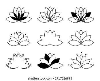 Lotus icons vector set. Graphic flowers isolated on white. Lotus logo symbol template. Geometric floral elements. Monochrome lotus collection. 