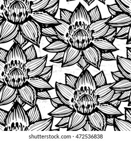 Lotus ink hand drawn seamless pattern/Black and white water lily