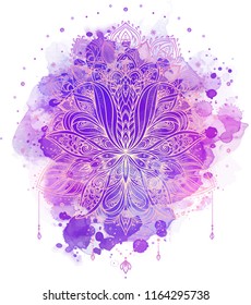 Lotus inspired ornate composition over colorful watercolor background. Hand drawn vintage style design element. Alchemy, spirituality, occultism, textiles art. Vector illustration for t-shirt print