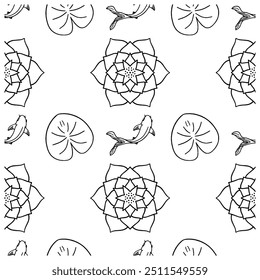 Lotus Koi Vector Pattern White Background line art seamless pattern

