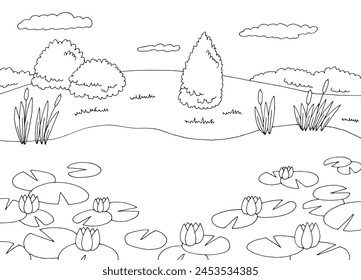 Lotus lake graphic black white landscape sketch illustration vector