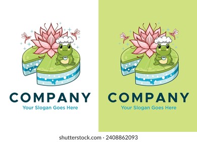 lotus leaf cake with cute frog chef illustration vector logo design svg