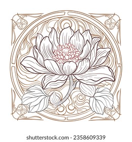 Lotus and leaf sketch with fine graceful lines. Isolated flower on beige background. Vintage etching botanical lotus. Vector illustration.