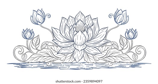 Lotus and leaf sketch with fine graceful lines. Isolated flower on beige background. Vintage etching botanical lotus. Vector illustration.