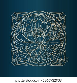 Lotus and leaf sketch with fine graceful lines. Isolated flower on blue background. Vintage etching botanical lotus. Vector illustration.