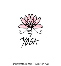 Lotus lettering calligraphy, harmony and Universe symbol, sacred geometry. Ayurveda and balance logo or label. Tattoo design. Bohemian art for posters and textile. Isolated editable illustration