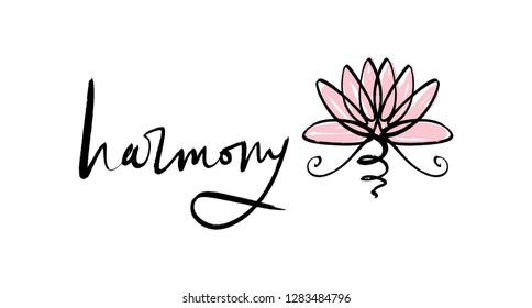 Lotus lettering calligraphy, harmony and Universe symbol, sacred geometry. Ayurveda and balance logo or label. Tattoo design. Bohemian art for posters and textile. Isolated editable illustration