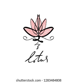 Lotus lettering calligraphy, harmony and Universe symbol, sacred geometry. Ayurveda and balance logo or label. Tattoo design. Bohemian art for posters and textile. Isolated editable illustration