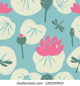 Lotus and lily pads. Seamless pattern with hand drawn elements. Vector design. Textile