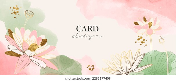 Lotus line art background.Luxury print for background, cover, card, invitation, business style template. Watercolor pink and green  texture.