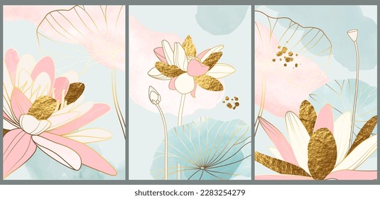 Lotus line art background.Luxury print for background, cover, card, invitation, business style template. wall art posters set.  Watercolor pink, blue and green  texture.