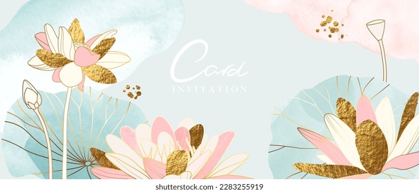 Lotus line art background.Luxury print for background, cover, card, invitation, business style template. Watercolor pink, blue and green  texture.