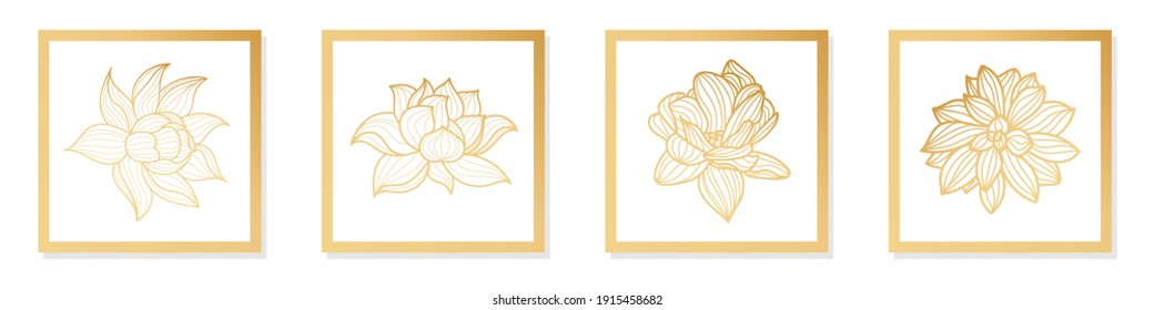 La mano del arte de la línea Lotus dibuja la flor de loto dorado. Cubierta, banner, arte de pared, diseño de patrones geométricos de oro. Plantilla de diseño de portada de vectores. Aislado sobre fondo blanco