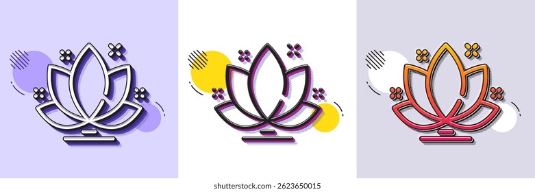 Lotus line icon. Halftone dotted pattern. Gradient icon with grain shadow. Yoga meditation flower sign. Mind relax and peace symbol. Line lotus icon. Various designs. Vector