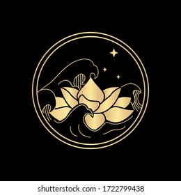 Lotus luxury logo with wave on the sea or beach, water lilly vector illustration with golden color.