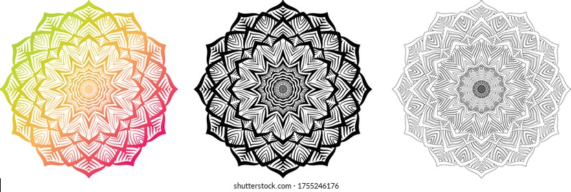 Lotus mandala circular pattern in solid and outline form. Lotus mandala pattern for coloring books, decoration, ornament, tattoo, home decor, tapestries. Mandala pattern for tapestry home decoration.