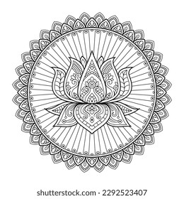 Lotus mandala illustration with Circular mandala border for decoration, print, textile and coloring pages.